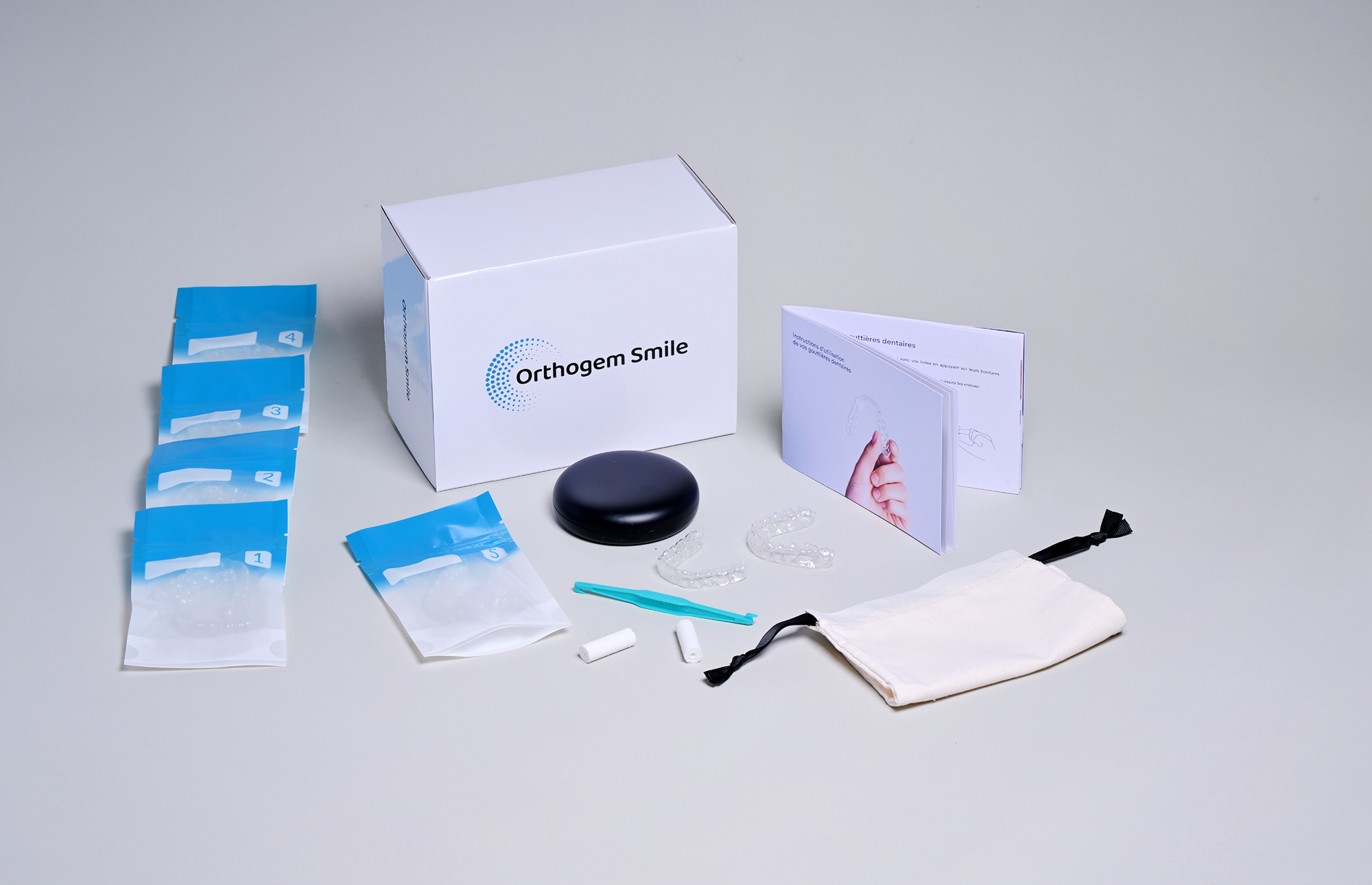 packaging alignement dentaire qualité luxe premium gouttière invisible manuel d'utilisation notice français sachet individuel Orthogem laboratoire ODF et de prothèse orthodontique